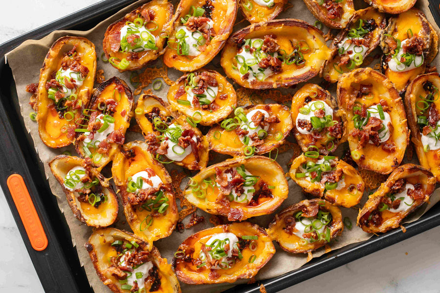 CHEESY CHILI CRUNCH POTATO SKINS WITH HOT HONEY BACON BITS
