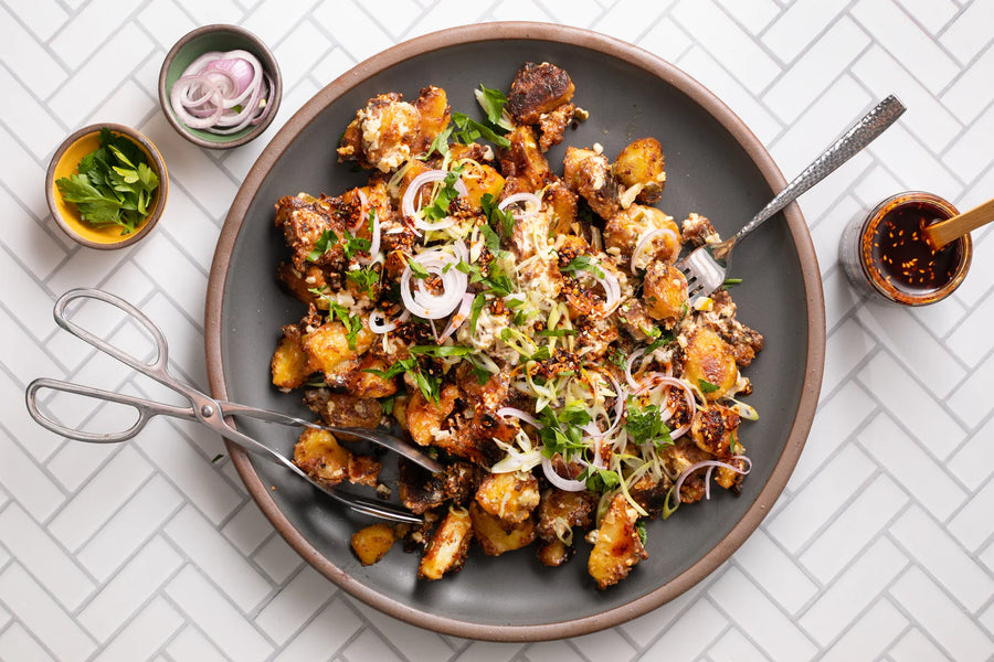 CRISPY POTATO SALAD WITH CREAMY CHILI CRUNCH DRESSING