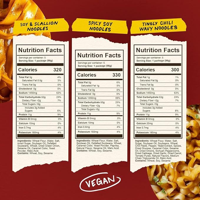 Nutrition and ingredient list for Soy & Scallion, Spicy Soy, and Tingly Chili Waxy Noodles