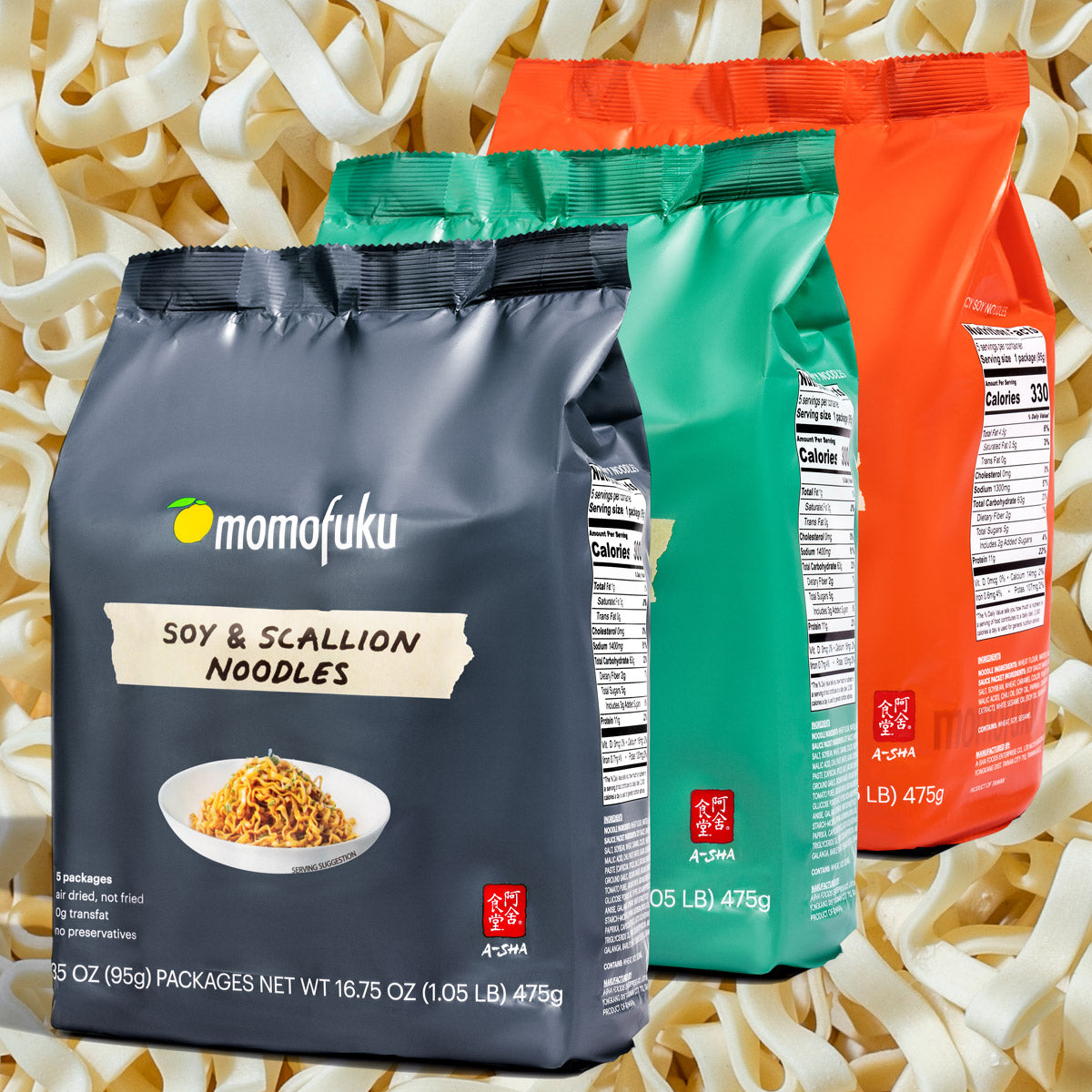 5 packs of Soy & Scallion, Tingly Chili, and Spicy Soy Noodles 